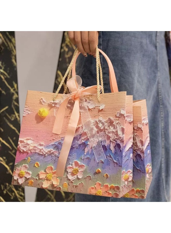 حقيبة هدايا ملونة بمقبض، أكياس ورقية للهدايا مطبوعة برسومات زيتية، أكياس هدايا متوسطة الحجم وصغيرة الحجم - Image 2