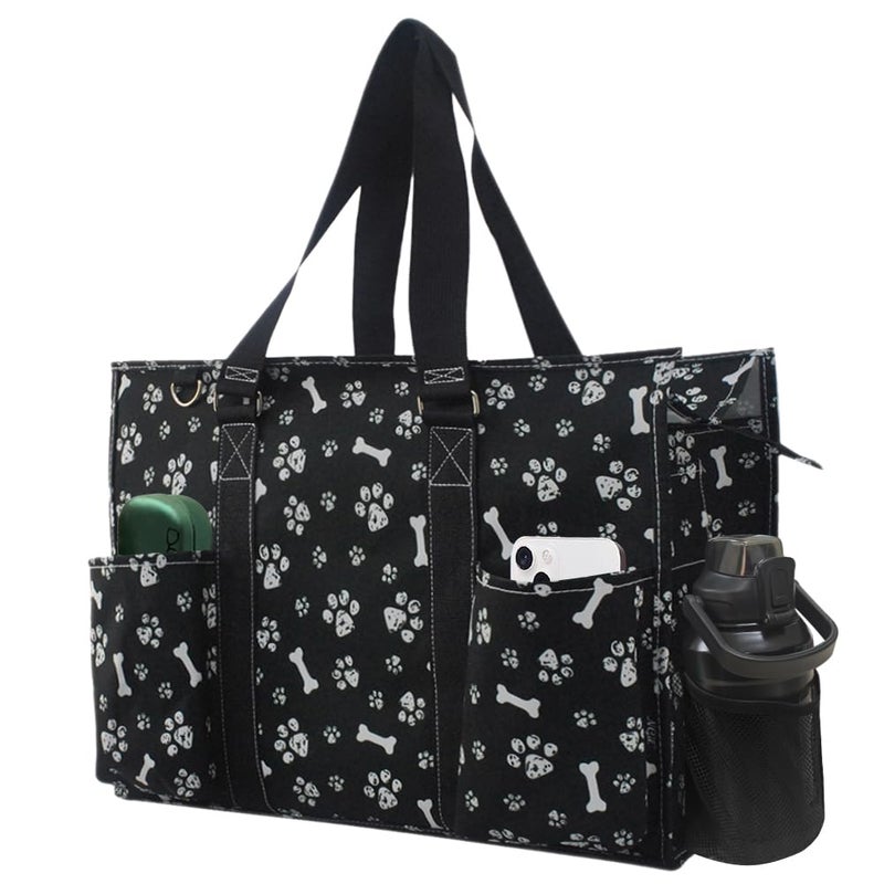 NGIL Zip-Top Tote Bag with Exterior Pockets for Working Women, Teachers, Nurses, and Moms, Design in USA (NGIL Zip-Printed Paws-black) - Image 1