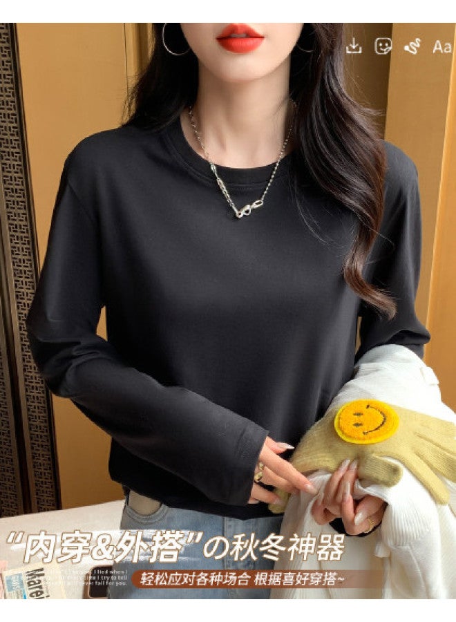 LANG SHA 100% Cotton Women'S Long Sleeve Round Neck T-Shirt Simple Versatile Solid Color Basic Top T-Shirt Women - Image 1