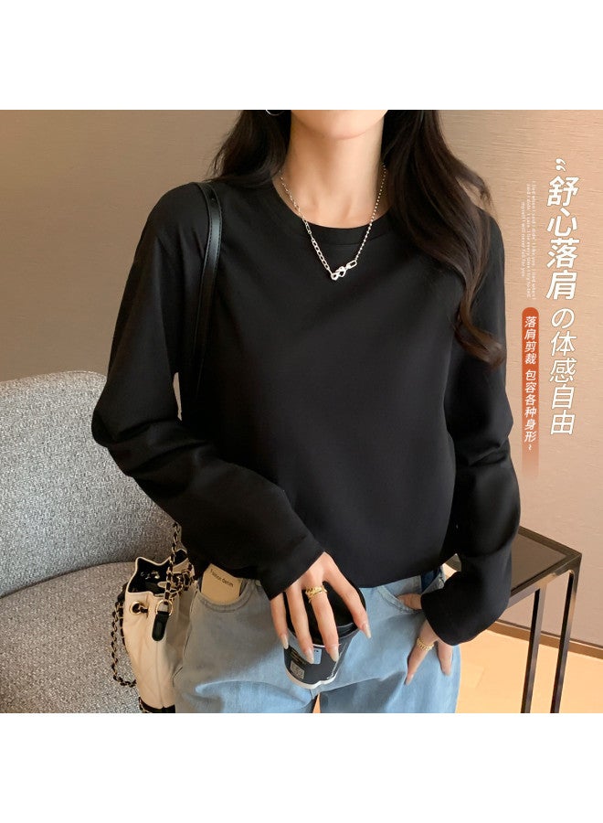 LANG SHA 100% Cotton Women'S Long Sleeve Round Neck T-Shirt Simple Versatile Solid Color Basic Top T-Shirt Women - Image 4