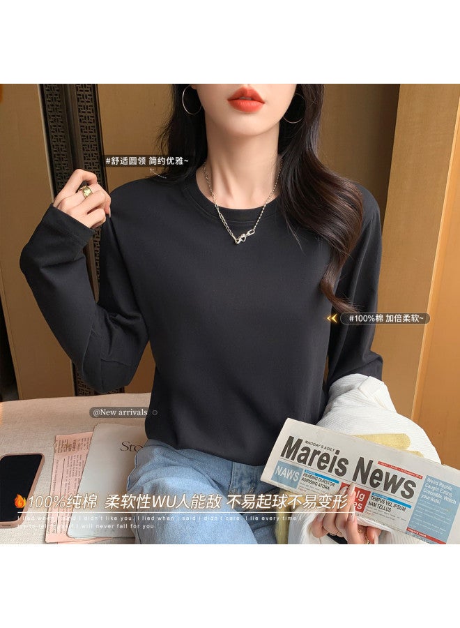 LANG SHA 100% Cotton Women'S Long Sleeve Round Neck T-Shirt Simple Versatile Solid Color Basic Top T-Shirt Women - Image 3