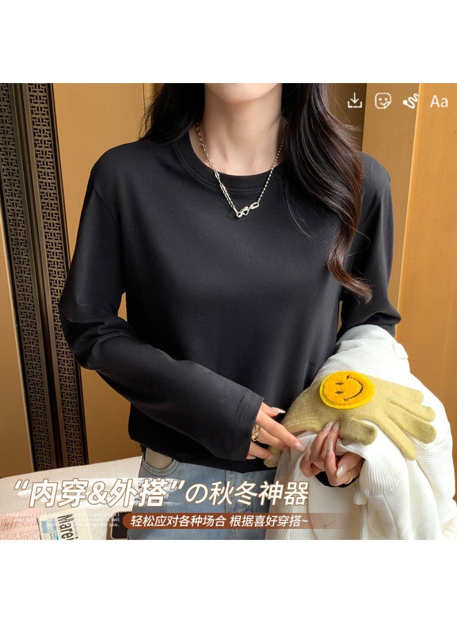 LANG SHA 100% Cotton Women'S Long Sleeve Round Neck T-Shirt Simple Versatile Solid Color Basic Top T-Shirt Women - Image 2