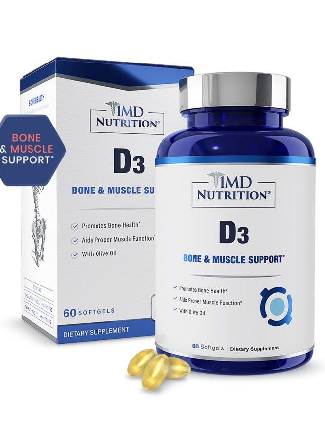 1MD Nutrition Vitamin D3 5000 IU Softgels | Bone Health, Muscle Function, & Immune Support | Gluten Free and Non-GMO with Organic Avocado Oil | 3-Month Supply - Image 1