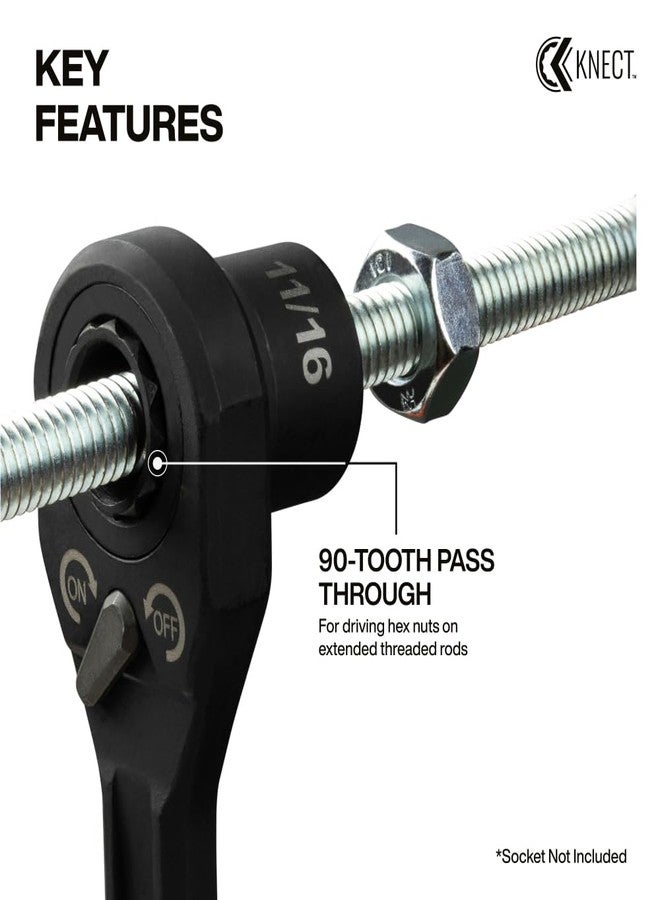 KLEIN TOOLS 65408ADP KNECT (M) Pass Through Ratchet and 3/8-Inch Socket Adapter Set, 90-Tooth Wrench for Extended Threaded Rods, Compact and Comfortable Grip, Traditional Socket Compatibility - Image 2