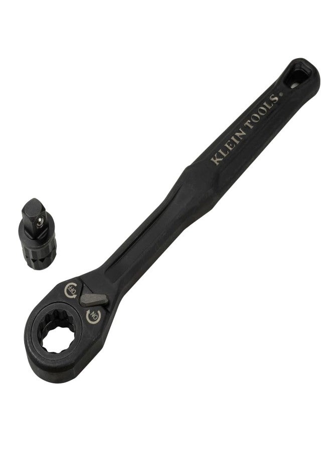 KLEIN TOOLS 65408ADP KNECT (M) Pass Through Ratchet and 3/8-Inch Socket Adapter Set, 90-Tooth Wrench for Extended Threaded Rods, Compact and Comfortable Grip, Traditional Socket Compatibility - Image 1