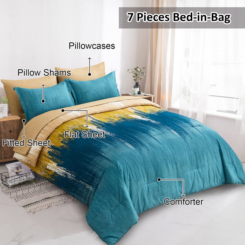 WONGS BEDDING Teal Comforter Set King,7 Pieces Bed in a Bag Abstract Art Gradient Comforter Soft Microfiber Bedding Set -1 Comforter, 1 Flat Sheet, 1 Fitted Sheet, 2 Pillow Shams,2 Pillowcases - Image 2