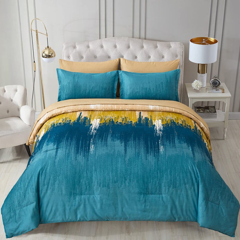 WONGS BEDDING Teal Comforter Set King,7 Pieces Bed in a Bag Abstract Art Gradient Comforter Soft Microfiber Bedding Set -1 Comforter, 1 Flat Sheet, 1 Fitted Sheet, 2 Pillow Shams,2 Pillowcases - Image 1
