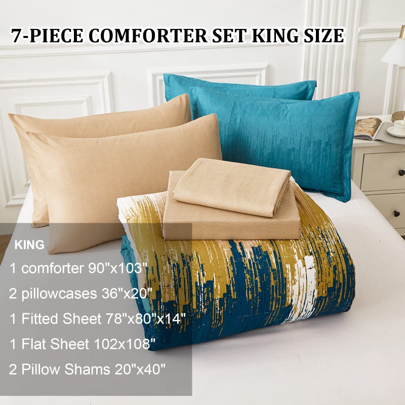 WONGS BEDDING Teal Comforter Set King,7 Pieces Bed in a Bag Abstract Art Gradient Comforter Soft Microfiber Bedding Set -1 Comforter, 1 Flat Sheet, 1 Fitted Sheet, 2 Pillow Shams,2 Pillowcases - Image 4