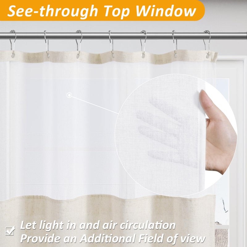 Naturoom Beige Linen Shower Curtain with Snap in Liner Set Rustic Farmhouse Shower Curtains for Bathroom 200GSM Textured Cream Burlap Cloth Double Bath Curtains with See Through Top Window 72x72 - Image 3