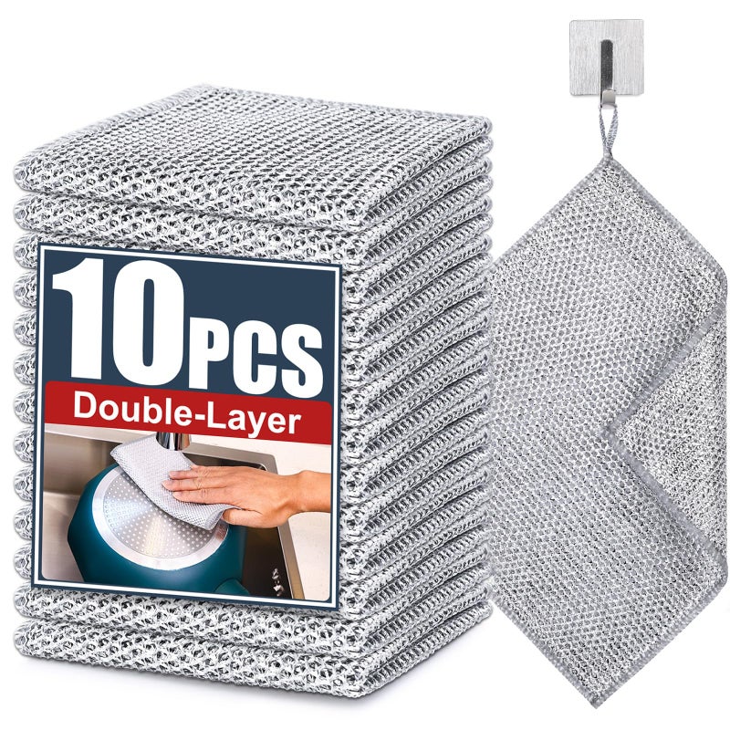 Navona 10 Pcs New Upgrade Steel Wire Dishcloth,Double-Layer Steel Wire Cleaning Cloth,Powerful Cleaning Non-Scratch Wire Dishcloth Rag for Cookware, Sinks, Dishes, Stove Tops - Image 1