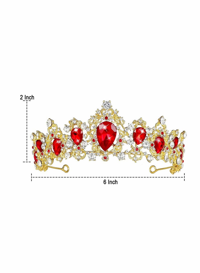 Y&D Baroque Gold Queen Crown for Women, Sparkle Bridal Wedding, Handmade Crystal Vintage Princess Tiara, Birthday Prom Decoration, Hair Accessories Wedding Jewelry (Ruby) - Image 3