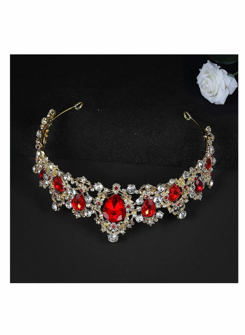 Y&D Baroque Gold Queen Crown for Women, Sparkle Bridal Wedding, Handmade Crystal Vintage Princess Tiara, Birthday Prom Decoration, Hair Accessories Wedding Jewelry (Ruby) - Image 4