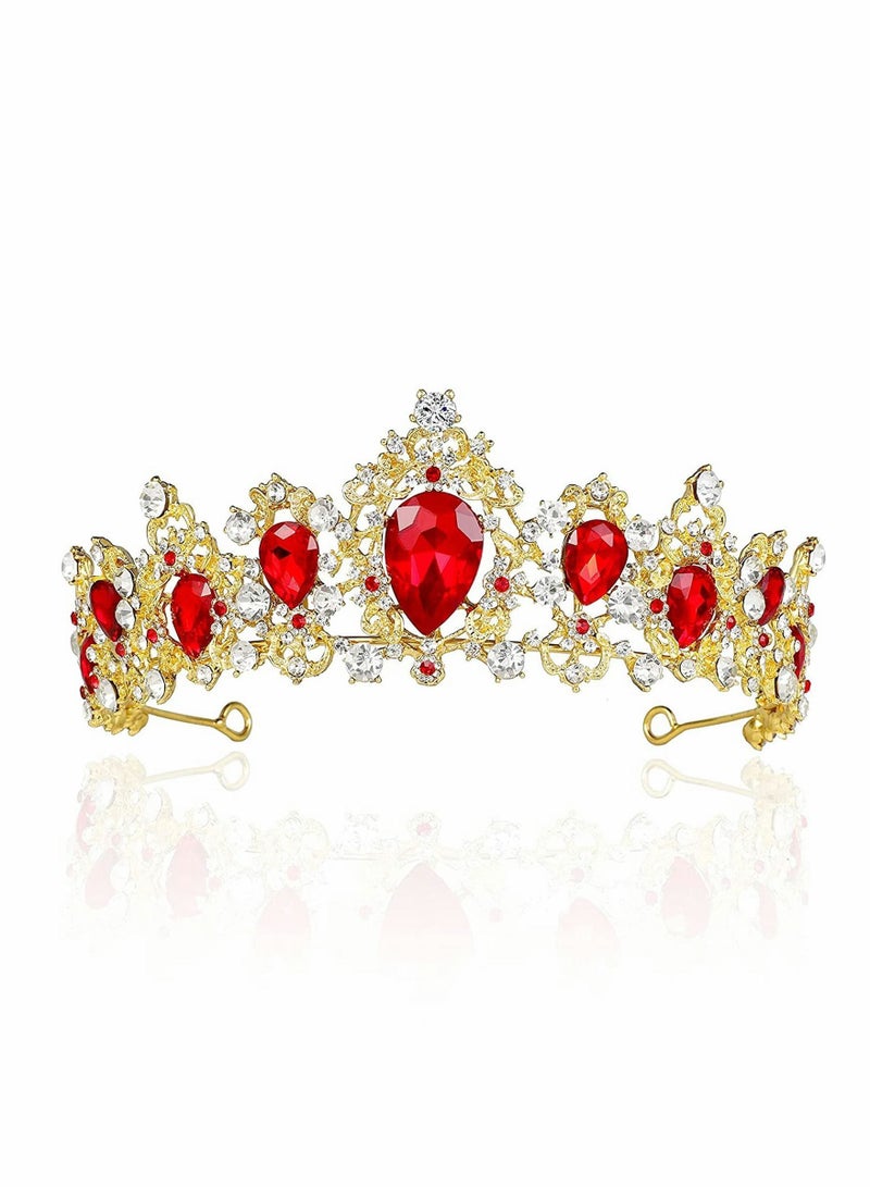 Y&D Baroque Gold Queen Crown for Women, Sparkle Bridal Wedding, Handmade Crystal Vintage Princess Tiara, Birthday Prom Decoration, Hair Accessories Wedding Jewelry (Ruby) - Image 1