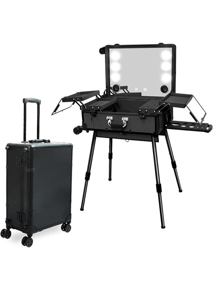 Arabest Rolling Makeup Train Case with Lighted Mirror, 24inch Large Make up Cosmetic Orgainzer Box Travel Case with Bluetooth, Professional Protable Aluminum Trolley Salon Staion dimension is 26.5"" x 18"" x 9"", 33 - Image 1