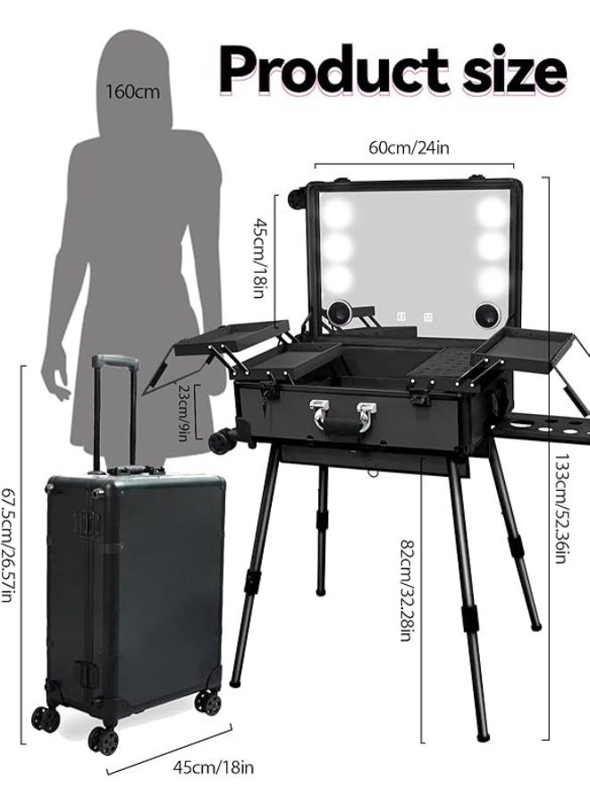 Arabest Rolling Makeup Train Case with Lighted Mirror, 24inch Large Make up Cosmetic Orgainzer Box Travel Case with Bluetooth, Professional Protable Aluminum Trolley Salon Staion dimension is 26.5"" x 18"" x 9"", 33 - Image 5