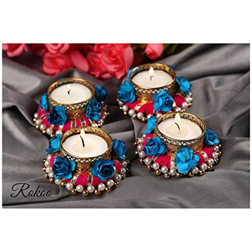 ROKOO Fabric Diwali Decor Scented Fragrance Decorative Tealight Candle Holder (Pink Flowers Pack of 4) ,Glass - Image 4