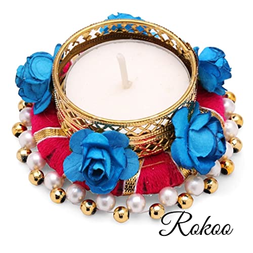 ROKOO Fabric Diwali Decor Scented Fragrance Decorative Tealight Candle Holder (Pink Flowers Pack of 4) ,Glass - Image 3