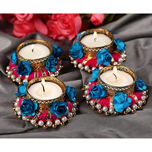 ROKOO Fabric Diwali Decor Scented Fragrance Decorative Tealight Candle Holder (Pink Flowers Pack of 4) ,Glass - Image 1