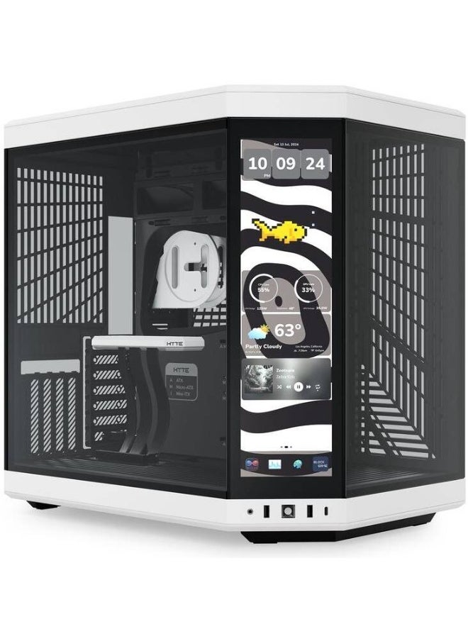 هايت كيس HYTE Y70 Touch Infinite ميد تاور ATX – أبيض وأسود، شاشة لمس 14.5 بوصة بدقة 2.5K، تصميم مزدوج الغرفة، يدعم حتى 10 مراوح وراديتر 360 مم – الموديل: CS-HYTE-Y70TI-WB  - Image 1