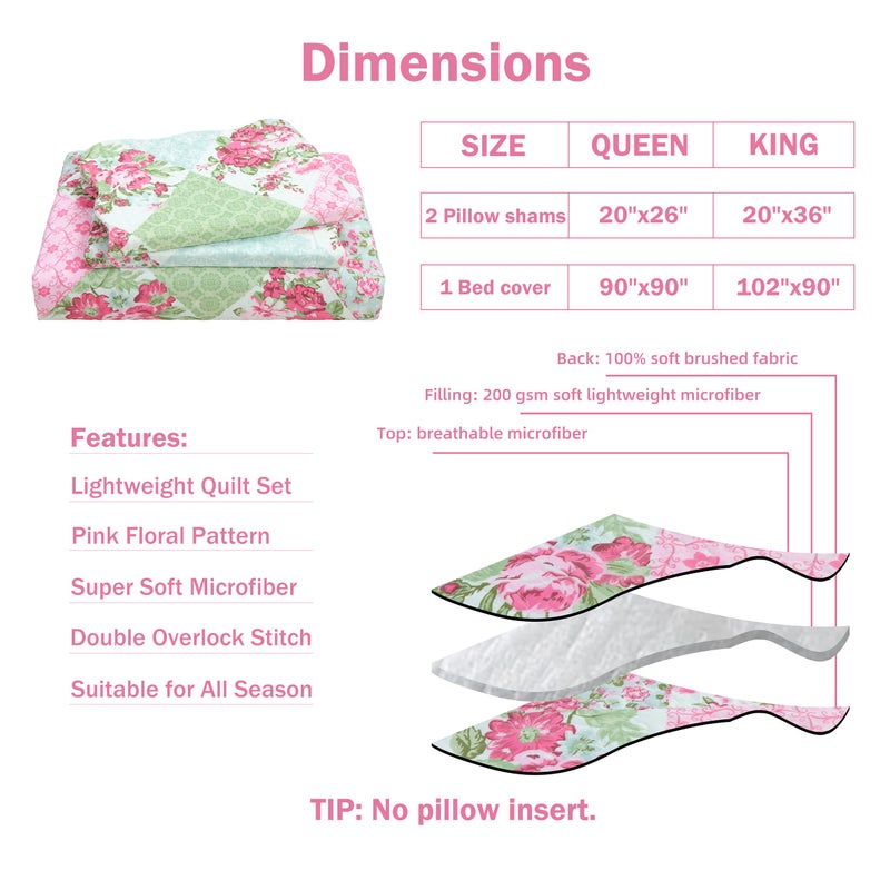 Cmfshape Summer Floral Queen Quilted Bedspread,Romantic Pink Quilt Set Bedding,Reversible Stitched Bedding Set All Season,Soft Lightweight Coverlet with Pillow Cases (Pink&Green, Queen90 x90) - Image 5
