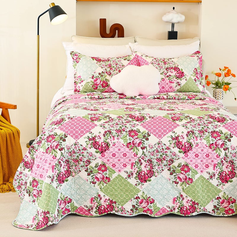Cmfshape Summer Floral Queen Quilted Bedspread,Romantic Pink Quilt Set Bedding,Reversible Stitched Bedding Set All Season,Soft Lightweight Coverlet with Pillow Cases (Pink&Green, Queen90 x90) - Image 2