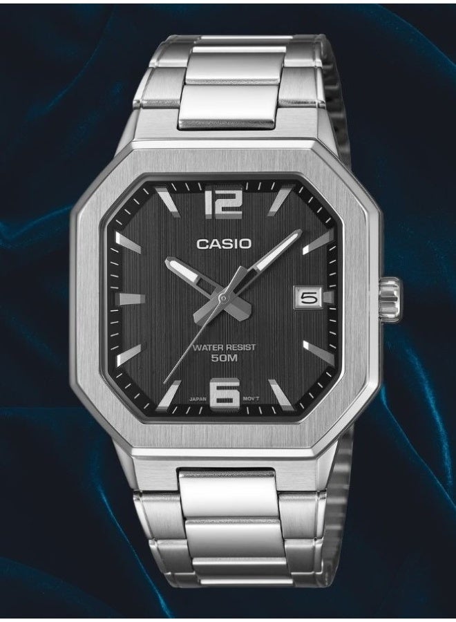CASIO Analog Men's Watch MTP-B195D-1AVDF, 46.5 mm Textured Black Dial, Silver Stainless Steel Case & Bracelet, 50m WR