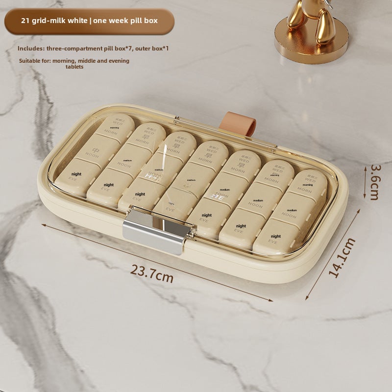 Medicine box portable three meals a day carry-on medicine sub-packaging box seven days a week medicine sealed box large capacity medicine dispenser(Large Milk White) - Image 1