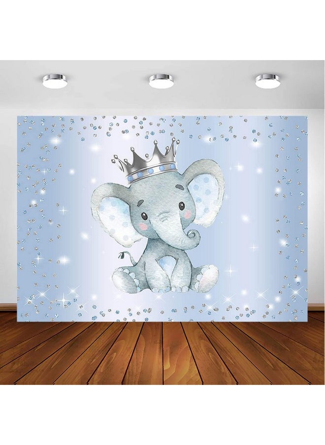 Avezano Boy Elephant Backdrop For Baby Shower Party Photography Background Blue And Silver Glitter Dots Crown Prince Elephant Baby Shower Decorations Backdrops For Photoshoot (7X5Ft)  - Image 2