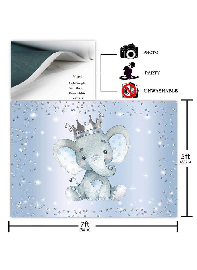 Avezano Boy Elephant Backdrop For Baby Shower Party Photography Background Blue And Silver Glitter Dots Crown Prince Elephant Baby Shower Decorations Backdrops For Photoshoot (7X5Ft)  - Image 3