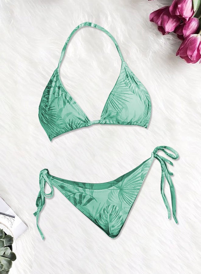 MARGOUN Small Size Three-piece Digital Printing Bikini Ladies Beach Sunscreen Blouse Swimsuit Long Lace Dress Sheer Dress Sheer Kimono Dress Cyan / S (Lower Bust 66/Waist 66-70)  - Image 3