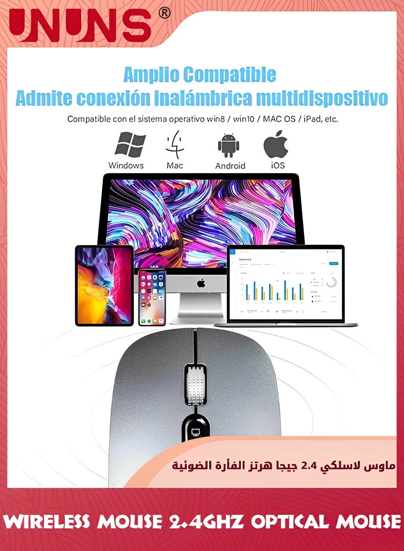 UNUNS Wireless Bluetooth Mouse,2.4GHz Optical Mice With USB Mini Receiver,Portable Mouse,Adjustable DPI Cordless Mouse,Gaming Mice,Portable Silent Mice For MacBook Notebook Laptop PC Computer,Grey  - Image 2