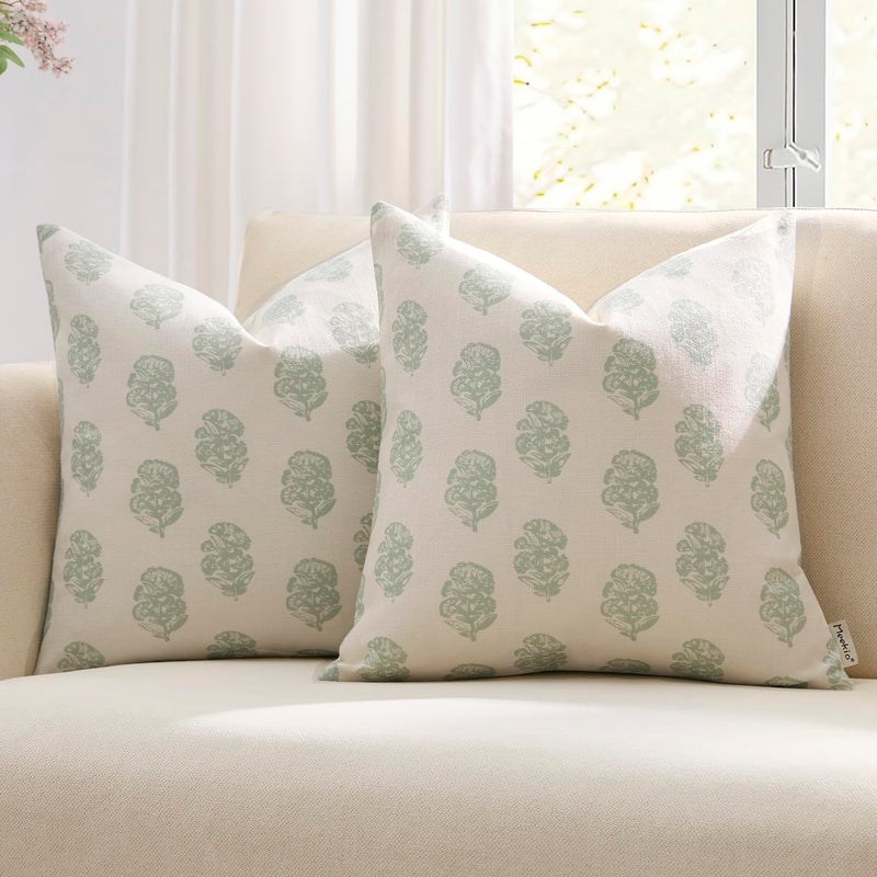 Meekio Set of 2 Pale Sage Floral Block Print Pillow Covers 18 x 18 inches Linen Throw Pillow Covers for Sofa Couch Decor - Image 1