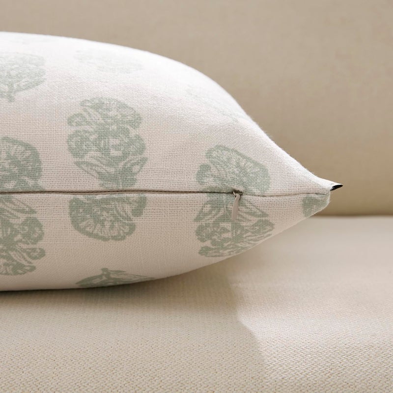 Meekio Set of 2 Pale Sage Floral Block Print Pillow Covers 18 x 18 inches Linen Throw Pillow Covers for Sofa Couch Decor - Image 5
