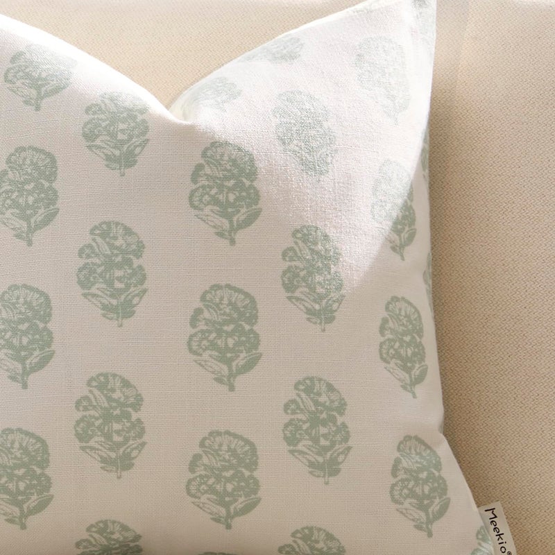 Meekio Set of 2 Pale Sage Floral Block Print Pillow Covers 18 x 18 inches Linen Throw Pillow Covers for Sofa Couch Decor - Image 4