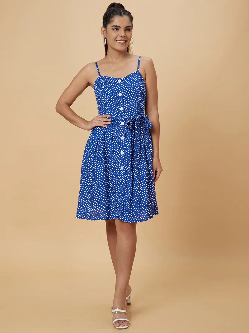 globus Women Navy Blue Polka Dots Printed Fit & Flare Dress