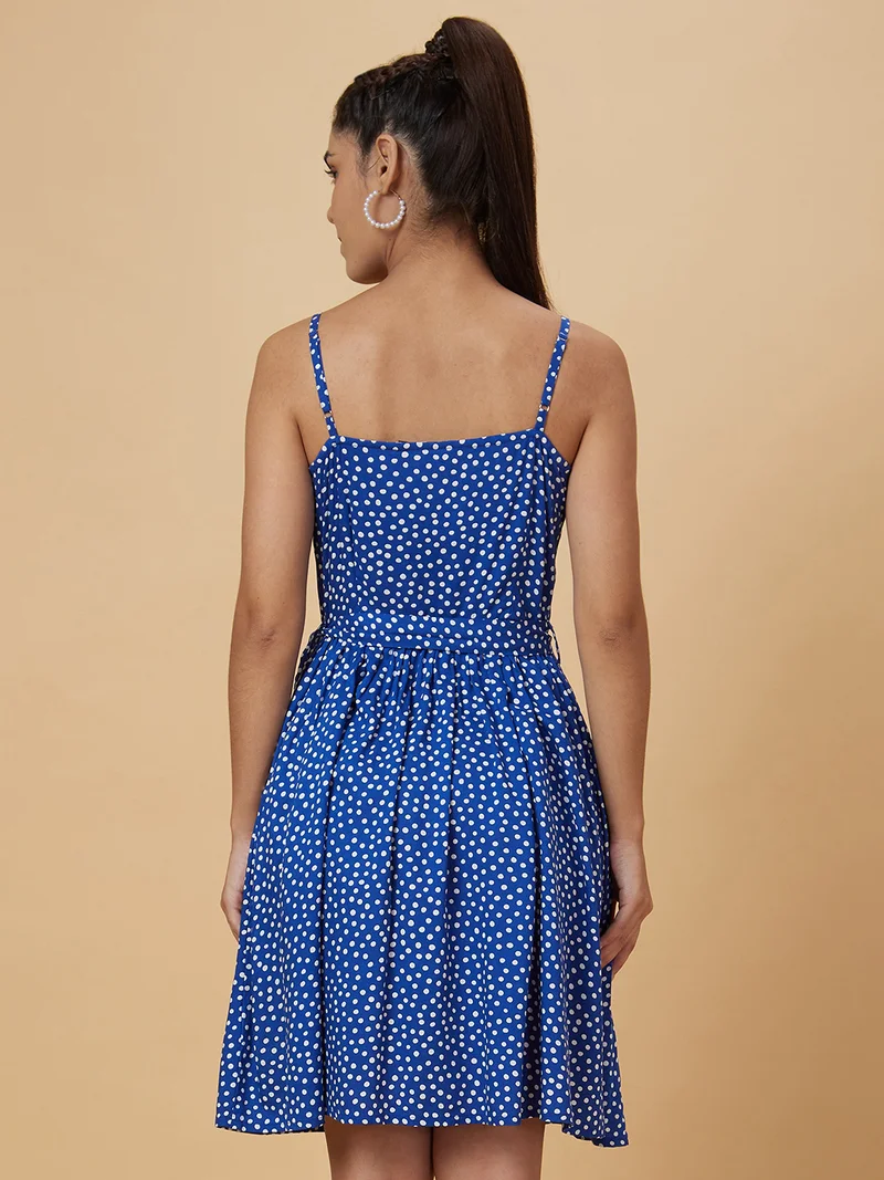 globus Women Navy Blue Polka Dots Printed Fit & Flare Dress