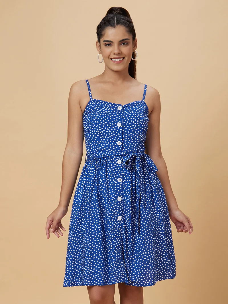 globus Women Navy Blue Polka Dots Printed Fit & Flare Dress