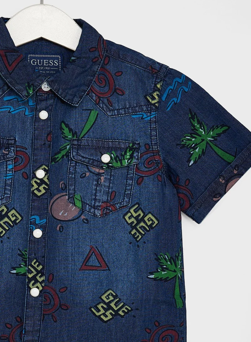 GUESS Kids Palm Tree Print Denim Shirt