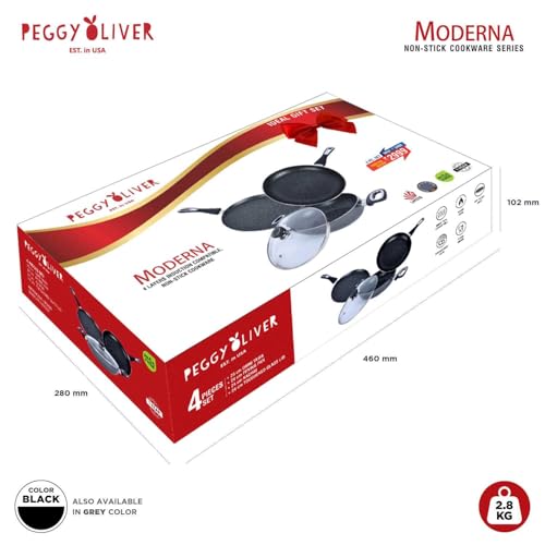 Peggy Oliver MODERNA Non-Stick Induction Cookware 4Pcs Gift Set | Stay Cool Bakelite Handle | 4-Layer Coating | Tawa 25 cm | Fry Pan 24cm | Kadhai & Glass Lid 24cm | Metallic Black | Dishwasher Safe - Image 4