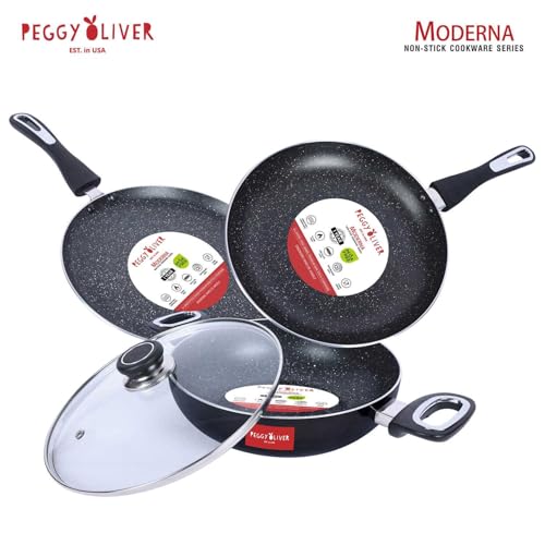 Peggy Oliver MODERNA Non-Stick Induction Cookware 4Pcs Gift Set | Stay Cool Bakelite Handle | 4-Layer Coating | Tawa 25 cm | Fry Pan 24cm | Kadhai & Glass Lid 24cm | Metallic Black | Dishwasher Safe - Image 2
