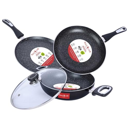 Peggy Oliver MODERNA Non-Stick Induction Cookware 4Pcs Gift Set | Stay Cool Bakelite Handle | 4-Layer Coating | Tawa 25 cm | Fry Pan 24cm | Kadhai & Glass Lid 24cm | Metallic Black | Dishwasher Safe - Image 1