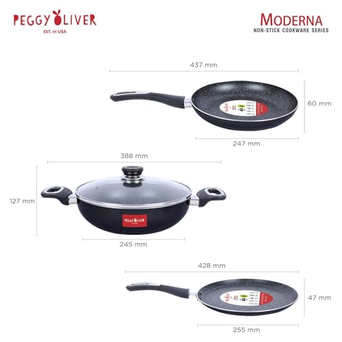 Peggy Oliver MODERNA Non-Stick Induction Cookware 4Pcs Gift Set | Stay Cool Bakelite Handle | 4-Layer Coating | Tawa 25 cm | Fry Pan 24cm | Kadhai & Glass Lid 24cm | Metallic Black | Dishwasher Safe - Image 3