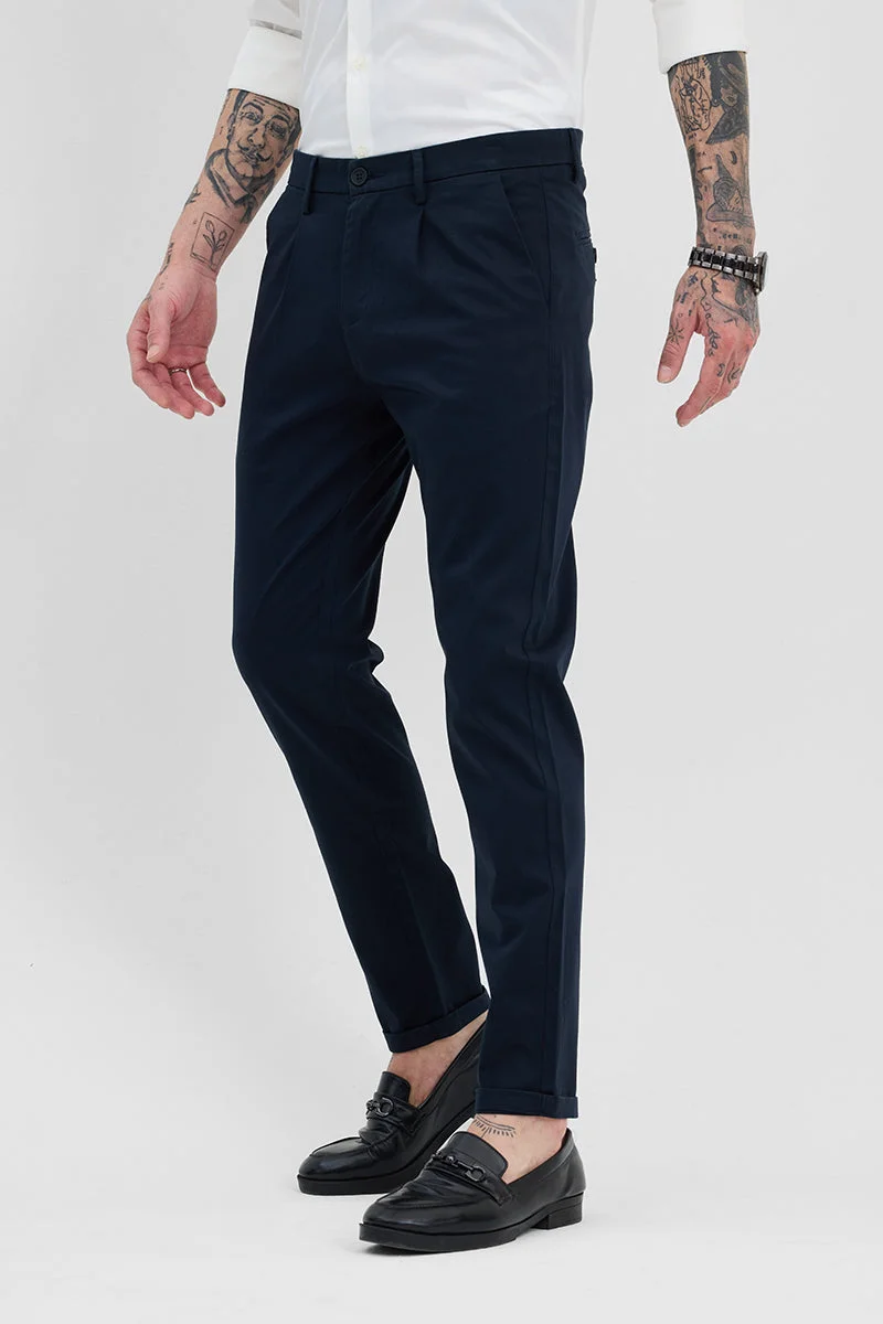 SNITCH Navy Slim Fit Pleated Trousers