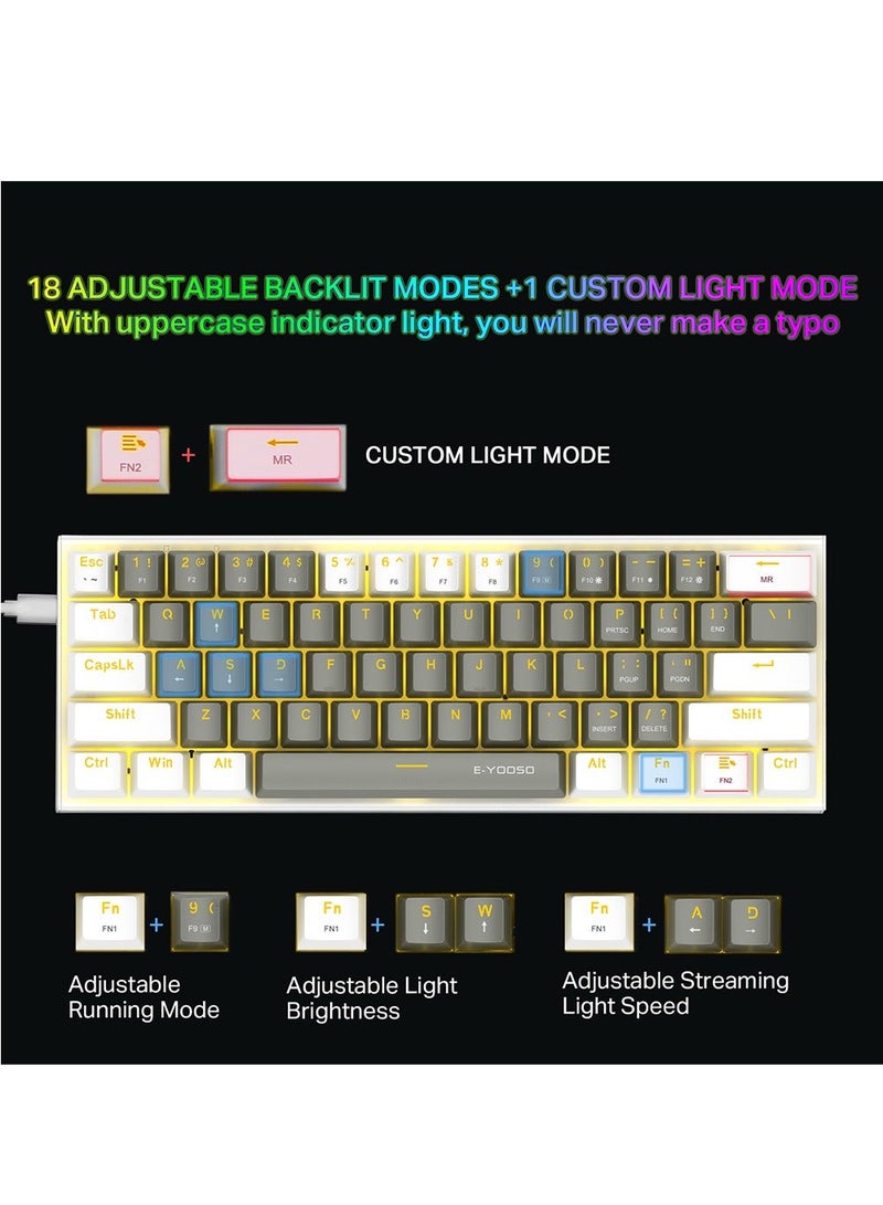 E-YOOSO Z-11 60% Mechanical Gaming Keyboard,Red Switch 61 Keys Wired Compact Keyboard,Yellow Backlit and Metal Panel for Windows,Mac OS-Grey White - Image 4