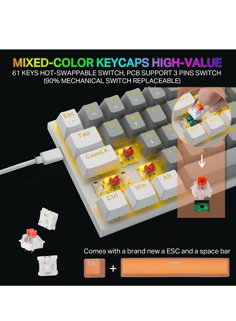 E-YOOSO Z-11 60% Mechanical Gaming Keyboard,Red Switch 61 Keys Wired Compact Keyboard,Yellow Backlit and Metal Panel for Windows,Mac OS-Grey White - Image 2