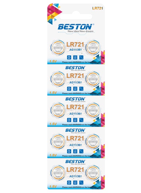 Beston Lithium Battery BST-LR721 10 PCS 2*5: Pack of ten BST-LR721 lithium batteries, organized in two sets of five for convenience.