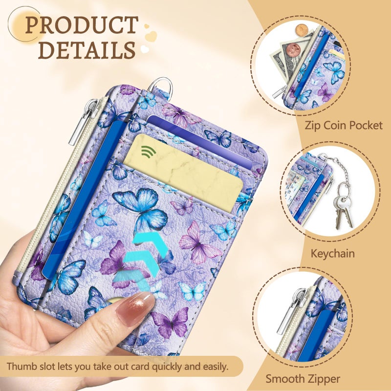 Kelvoris Credit Card Holder Slim Wallet Women, Butterfly Small RFID Blocking Wallets Woman Keychain with Zipper Coin Pocket, Front Pocket Thin Travel Ladies Card Case with ID Window - Image 5