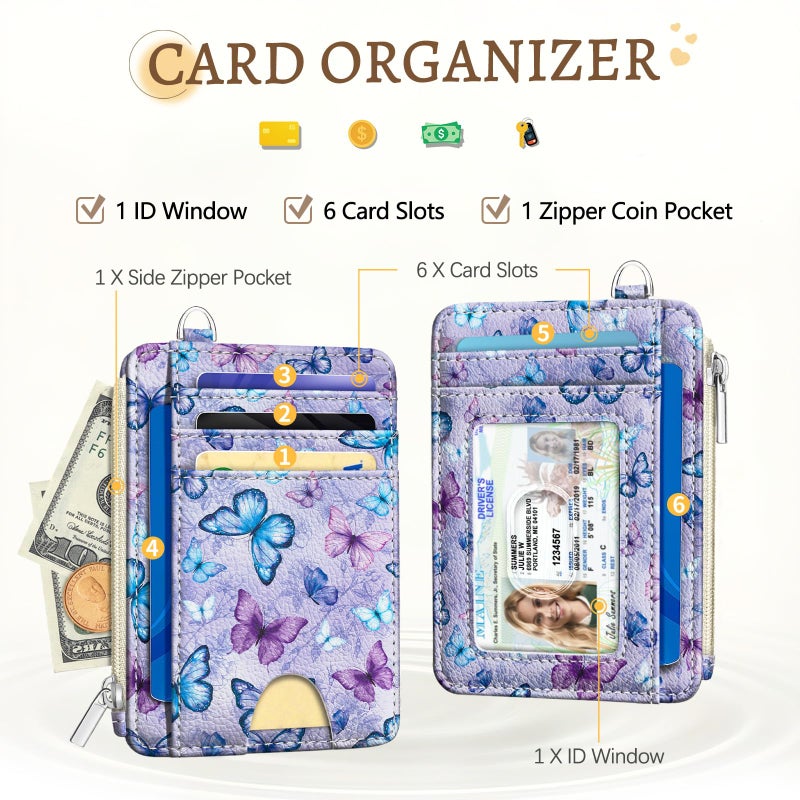 Kelvoris Credit Card Holder Slim Wallet Women, Butterfly Small RFID Blocking Wallets Woman Keychain with Zipper Coin Pocket, Front Pocket Thin Travel Ladies Card Case with ID Window - Image 3