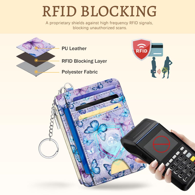 Kelvoris Credit Card Holder Slim Wallet Women, Butterfly Small RFID Blocking Wallets Woman Keychain with Zipper Coin Pocket, Front Pocket Thin Travel Ladies Card Case with ID Window - Image 4