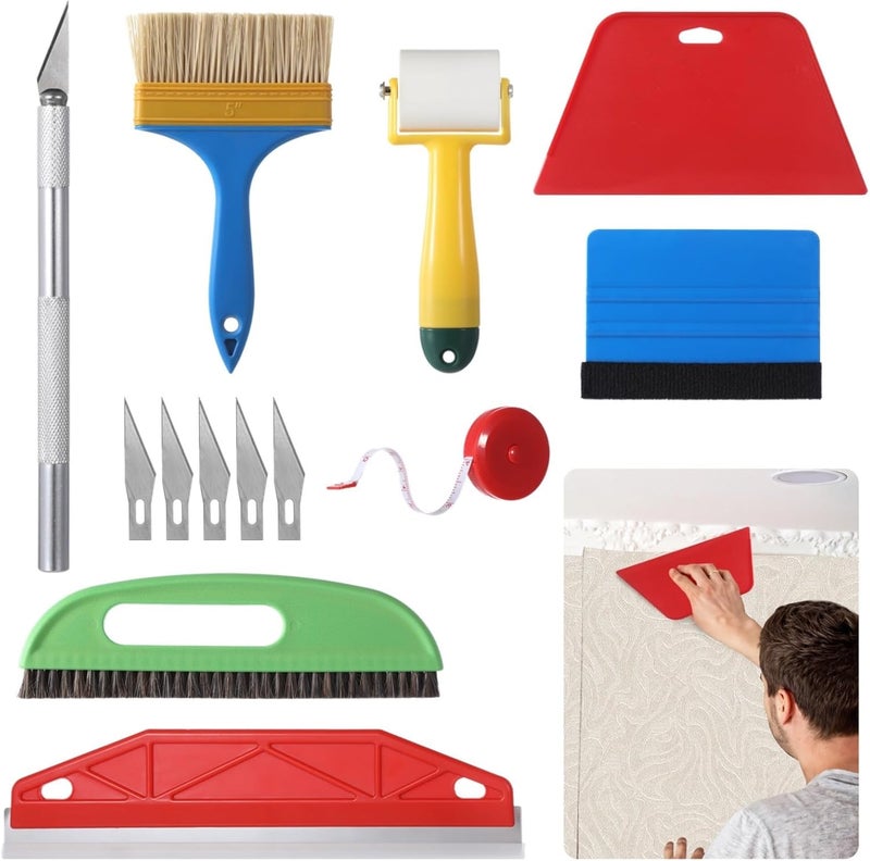 Vinyl & Wallpaper Installation Set – 13 Pcs with Seam Roller, Dual Squeegees, Utility Knife, Tape, and Brushes for Contact & Glass Film - Image 1